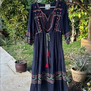 Lulalife Bohemian Colorfully Embroidered Maxi Navy Boho Beachy Travel Resort